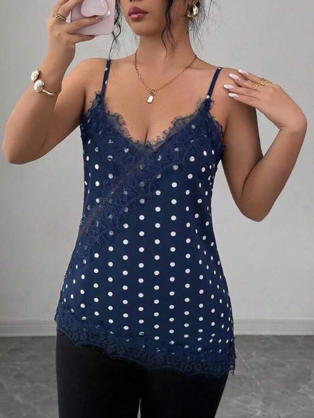 Lace Trim Satin Cami Top - Blue and White